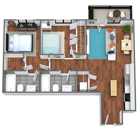 Floor plan for 2 beds, 2 baths, 899 sqft